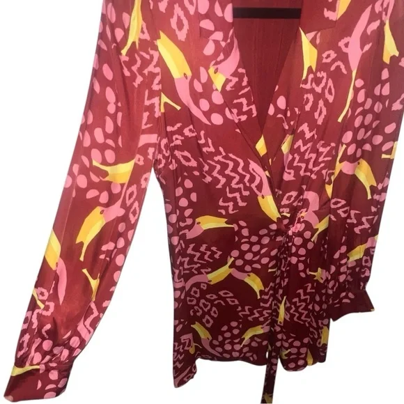 EUC FARM Rio Toucanissimo Long Sleeve Print Wrap Dress Burgundy Small Beaded - Picture 3 of 8